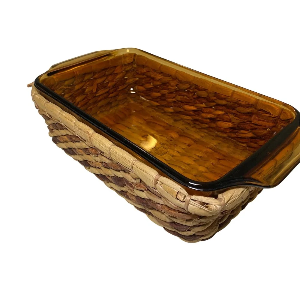 Anchor Hocking 441 Amber Glass Loaf Pan w Woven Basket Cradle 11